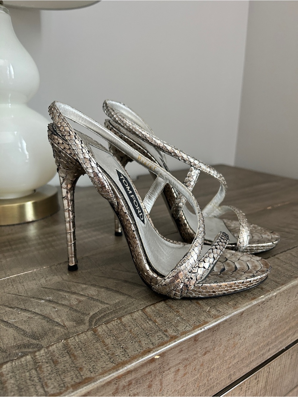 Tom Ford Metallic Snake-Embossed Slingback Heels